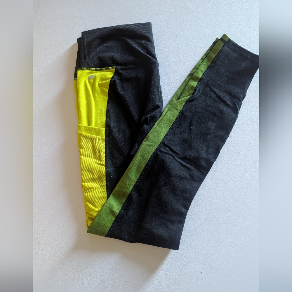 PowerHold Fabletics Pocket Black and Neon Yellow Leggings